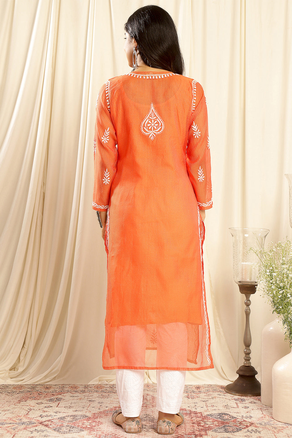 Orange Kota Doria Chikankari Kurta