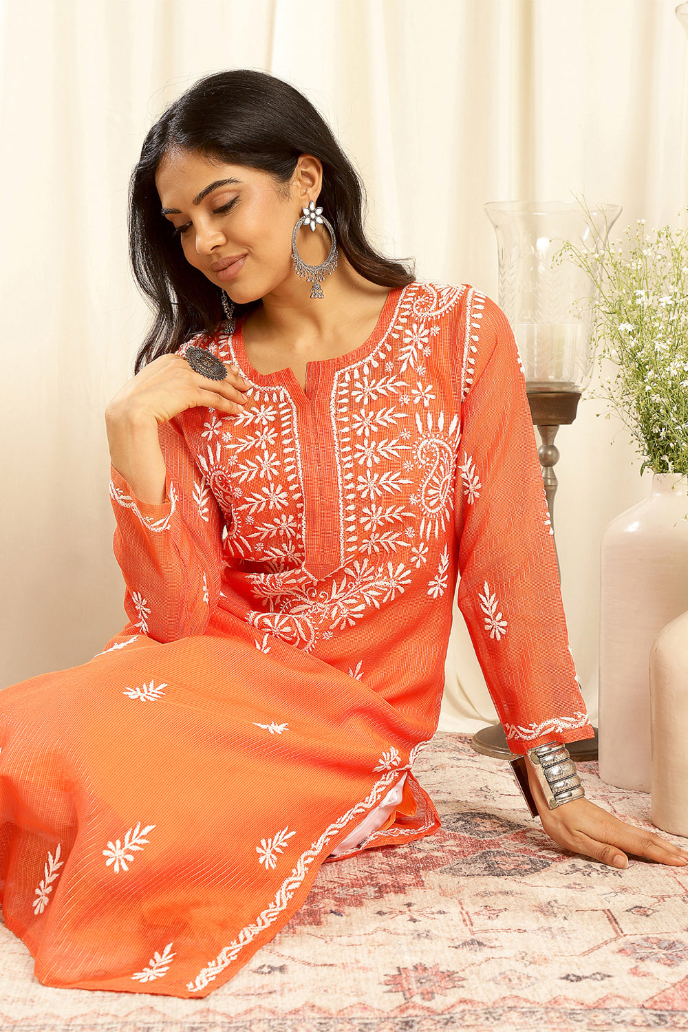 Orange Kota Doria Chikankari Kurta