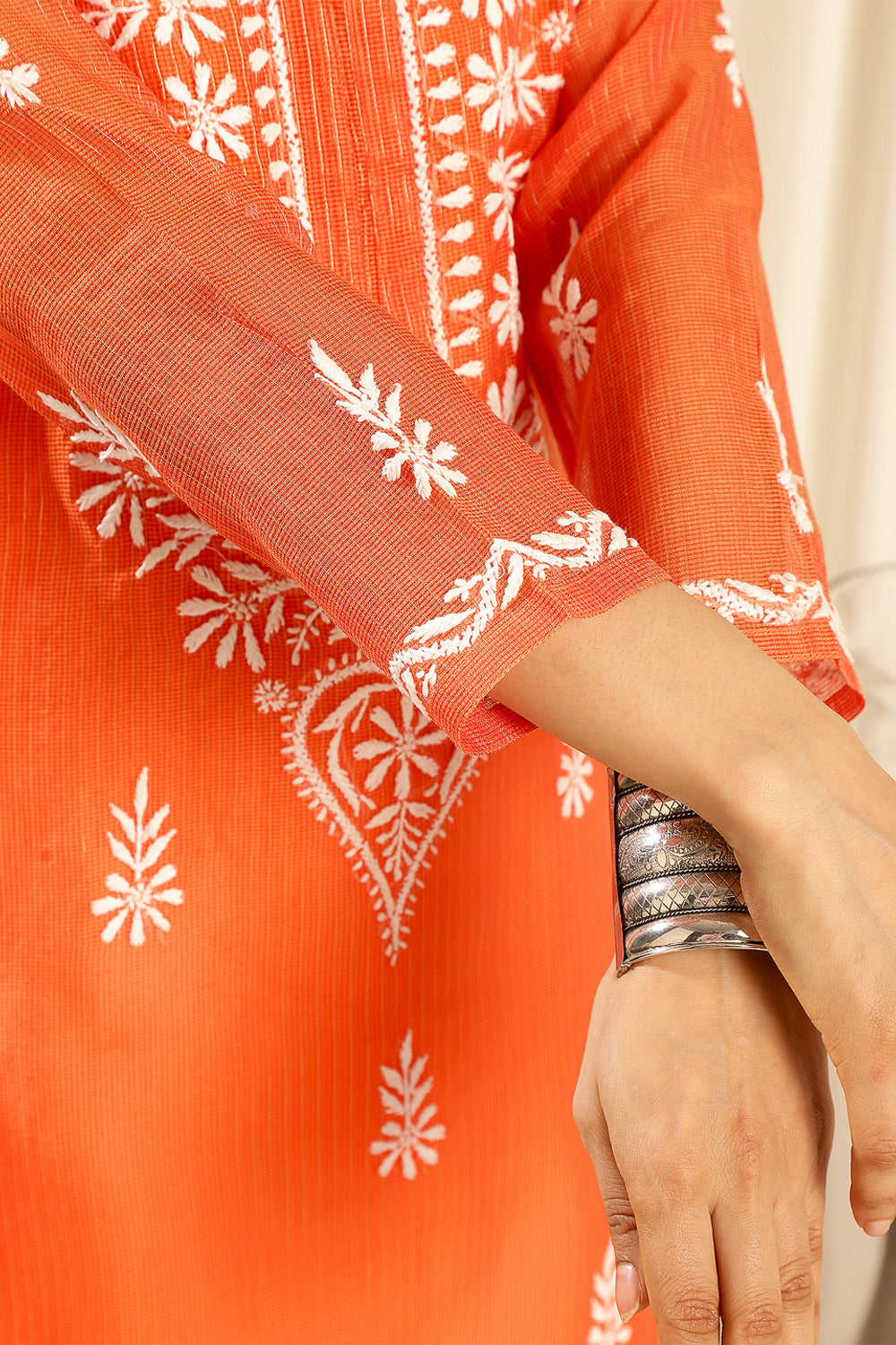 Orange Kota Doria Chikankari Kurta