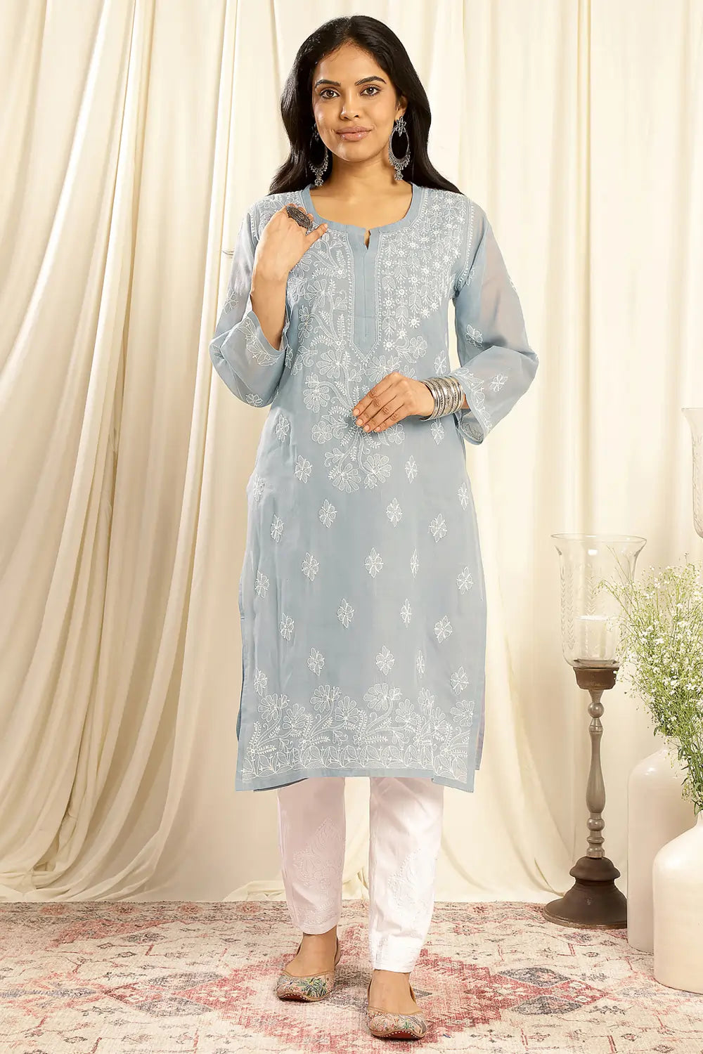 Grey Chikankari Cotton Kurta