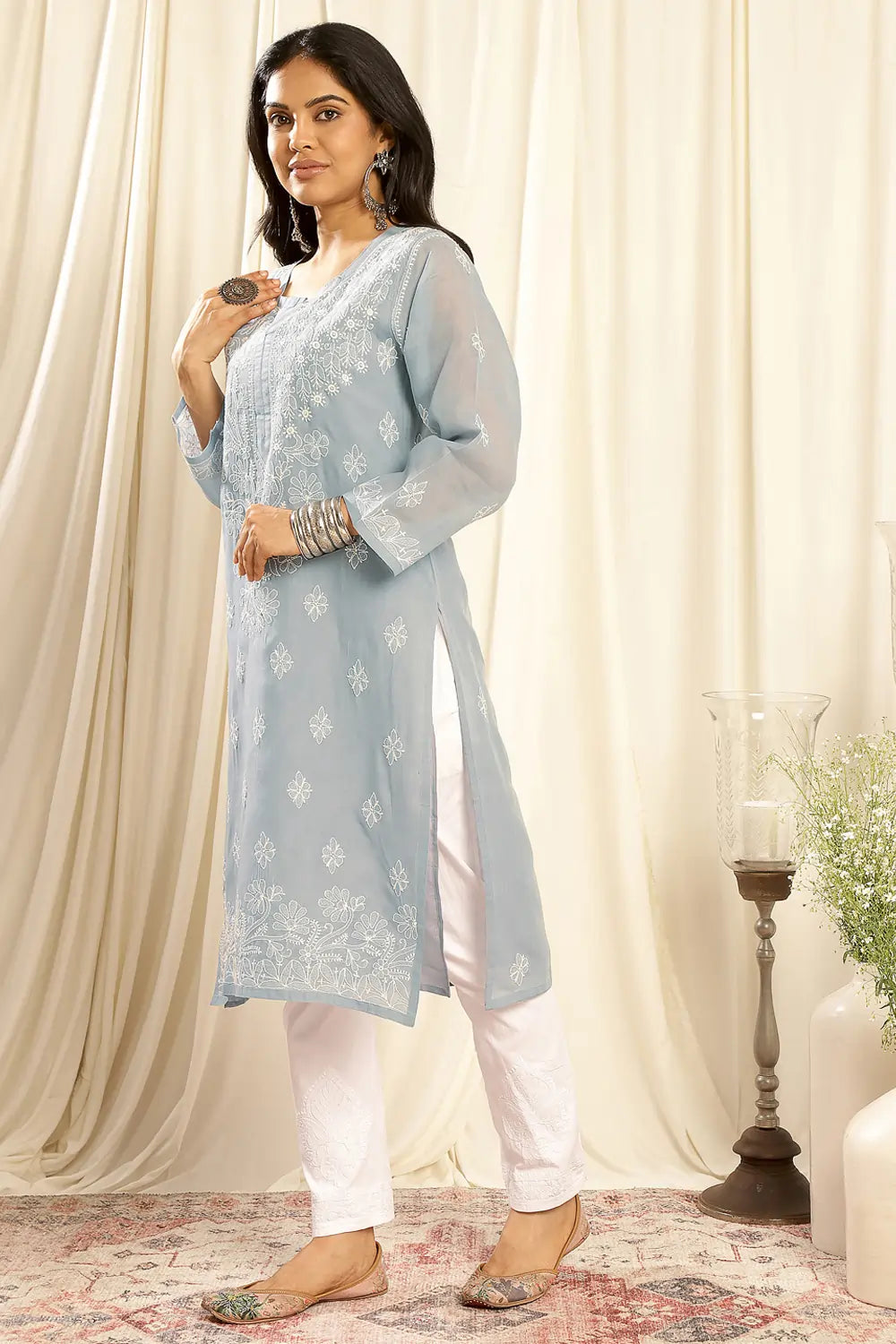 Grey Chikankari Cotton Kurta