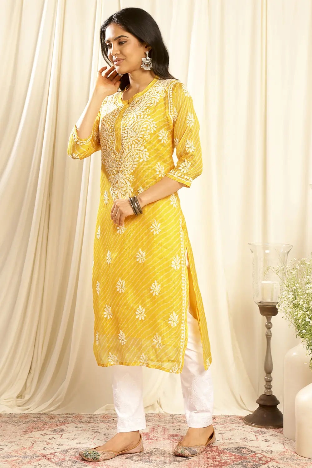 Yellow Kota Doria Chikankari Kurta