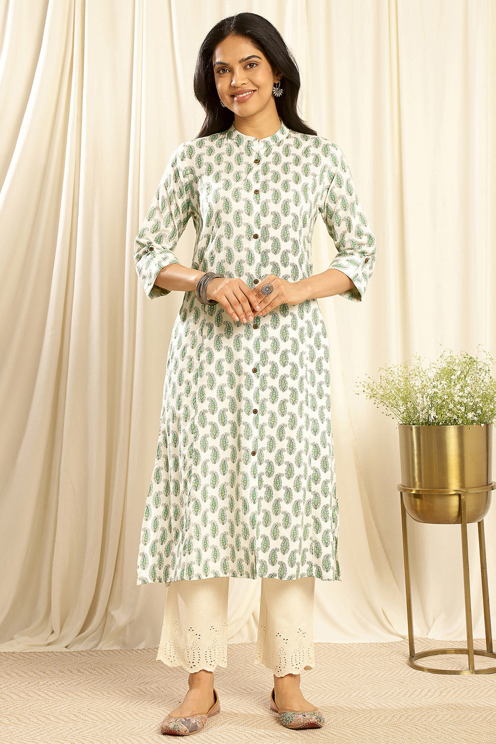 Cream & Green 'A' Line Cotton Kurta