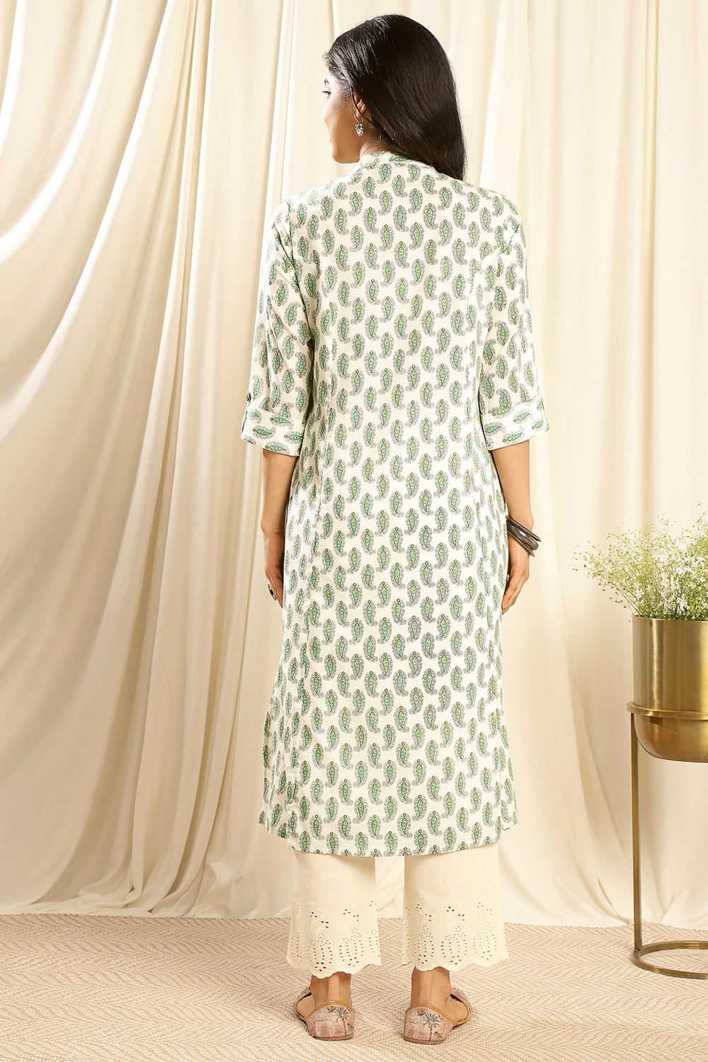 Cream & Green 'A' Line Cotton Kurta