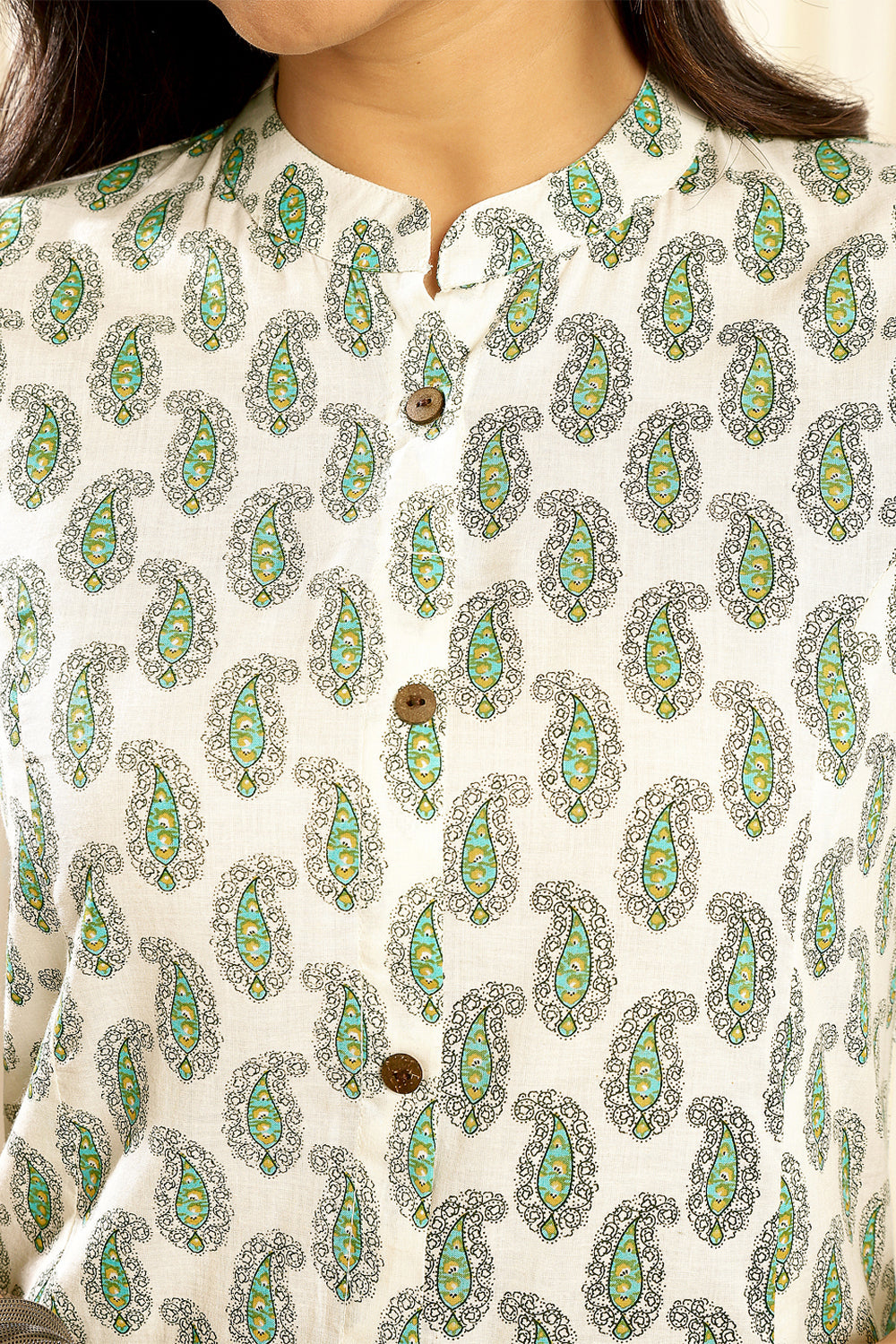 Cream & Green 'A' Line Cotton Kurta