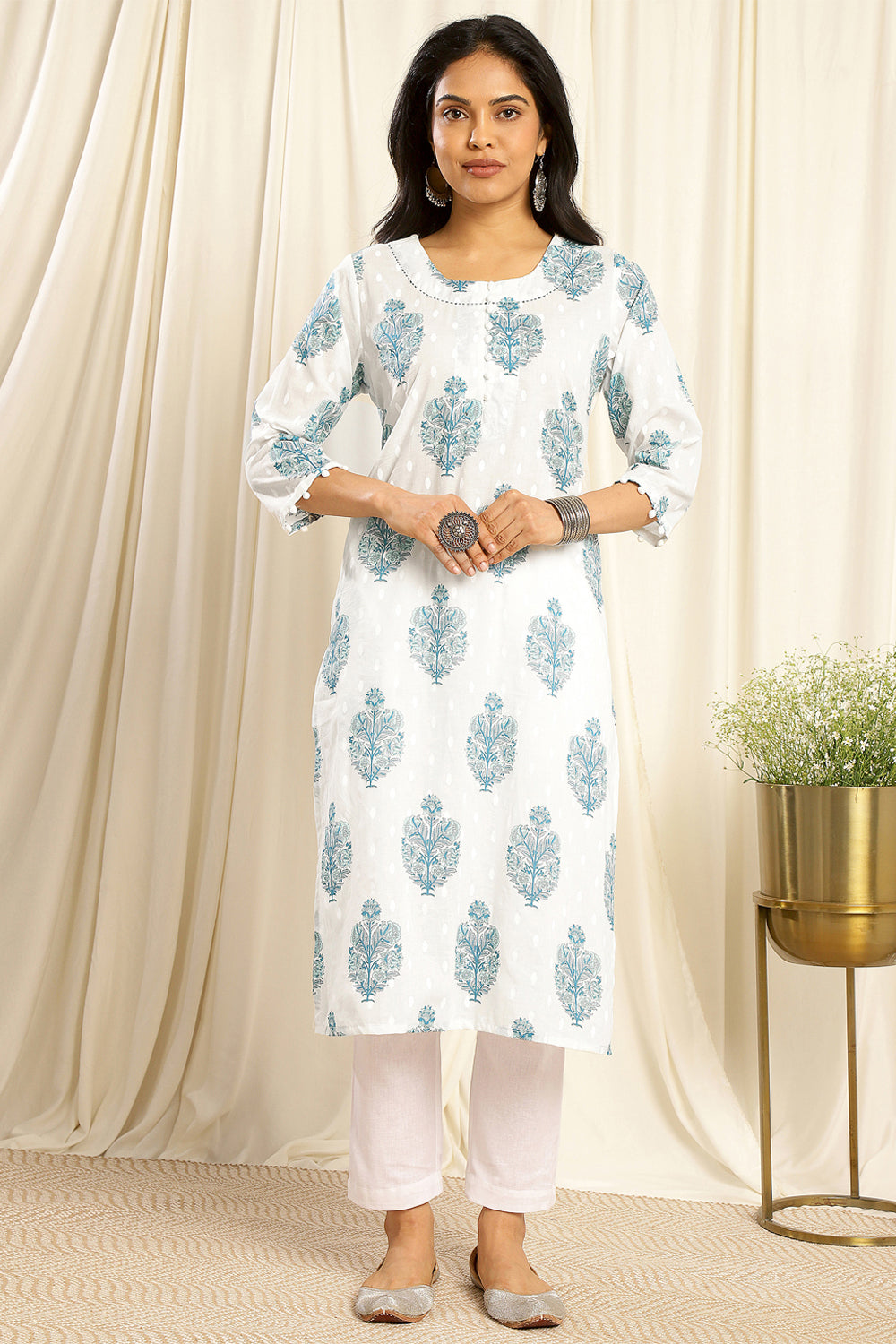 White & Blue Dotted Kurta