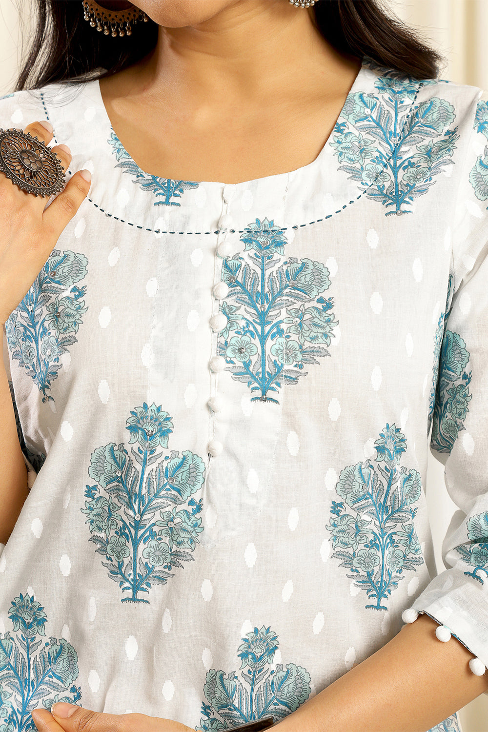 White & Blue Dotted Kurta