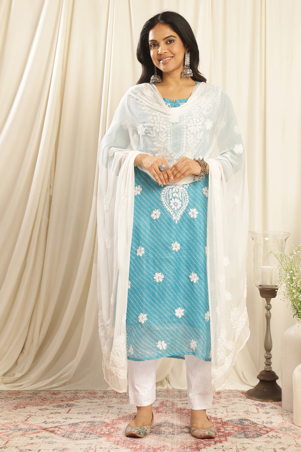 Turquoise Blue Kota Doria Chikankari Kurta