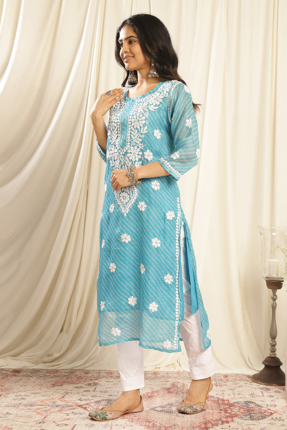 Turquoise Blue Kota Doria Chikankari Kurta