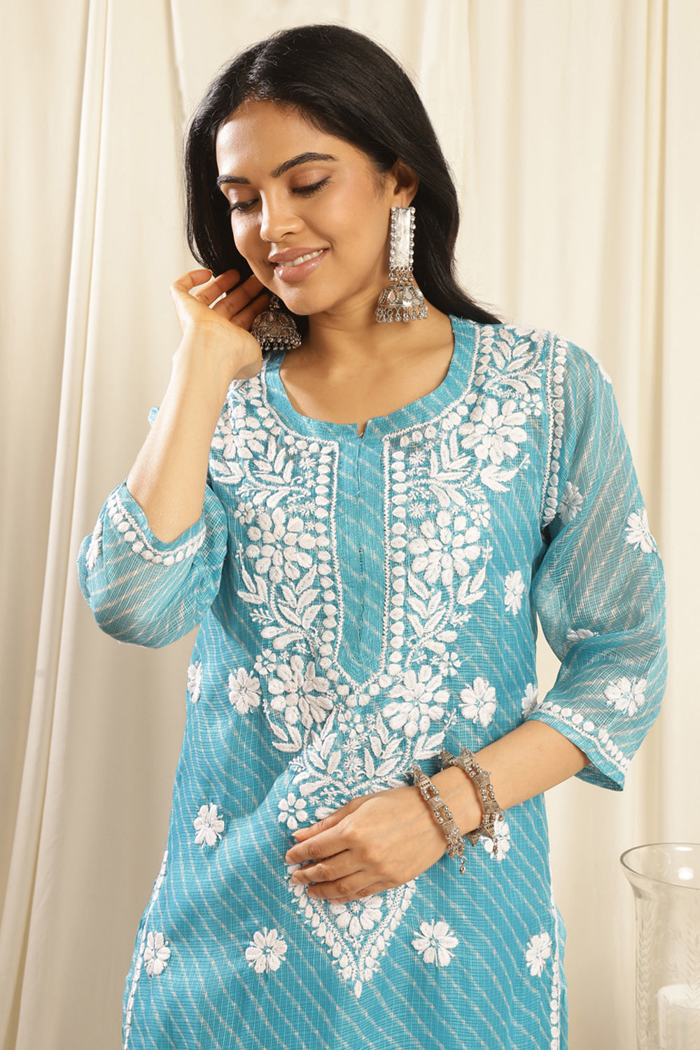 Turquoise Blue Kota Doria Chikankari Kurta