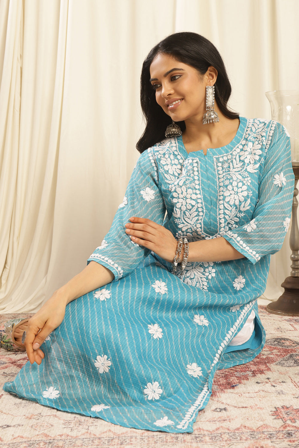 Turquoise Blue Kota Doria Chikankari Kurta