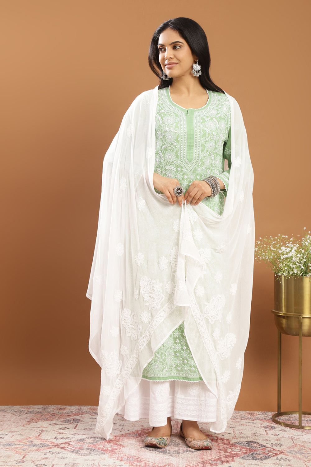 Green Chikankari Mul Cotton Designer Kurta