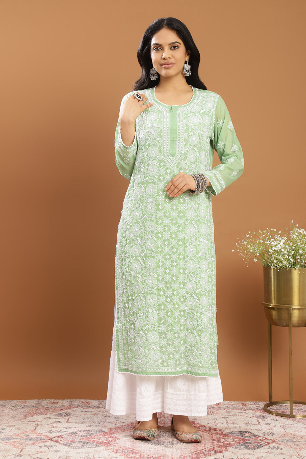 Green Chikankari Mul Cotton Designer Kurta