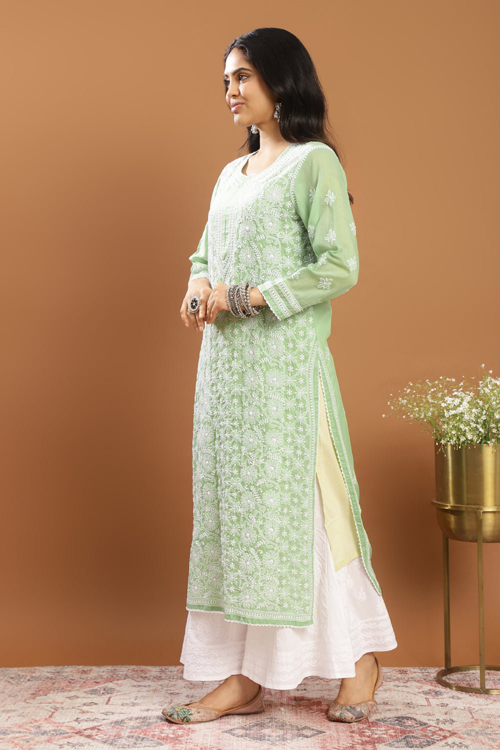 Green Chikankari Mul Cotton Designer Kurta