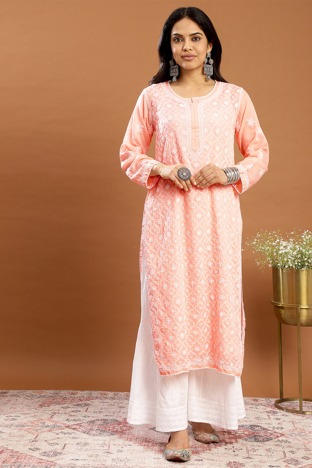 Peach Chikankari Mul Cotton Designer Kurta