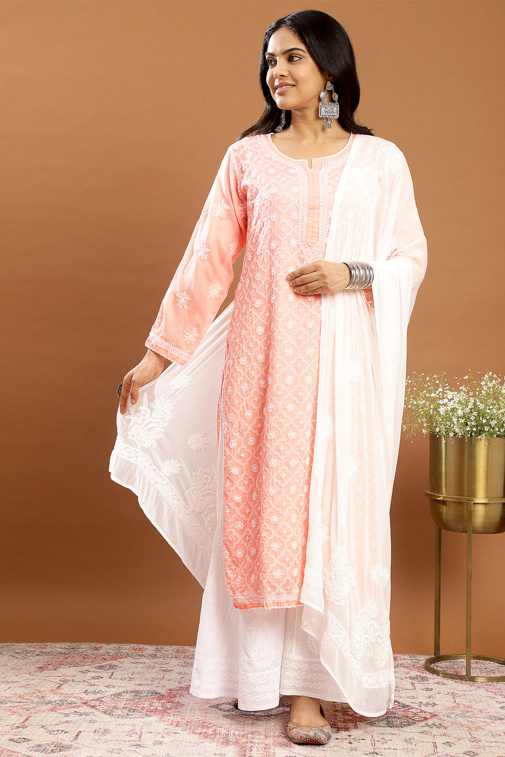 Peach Chikankari Mul Cotton Designer Kurta