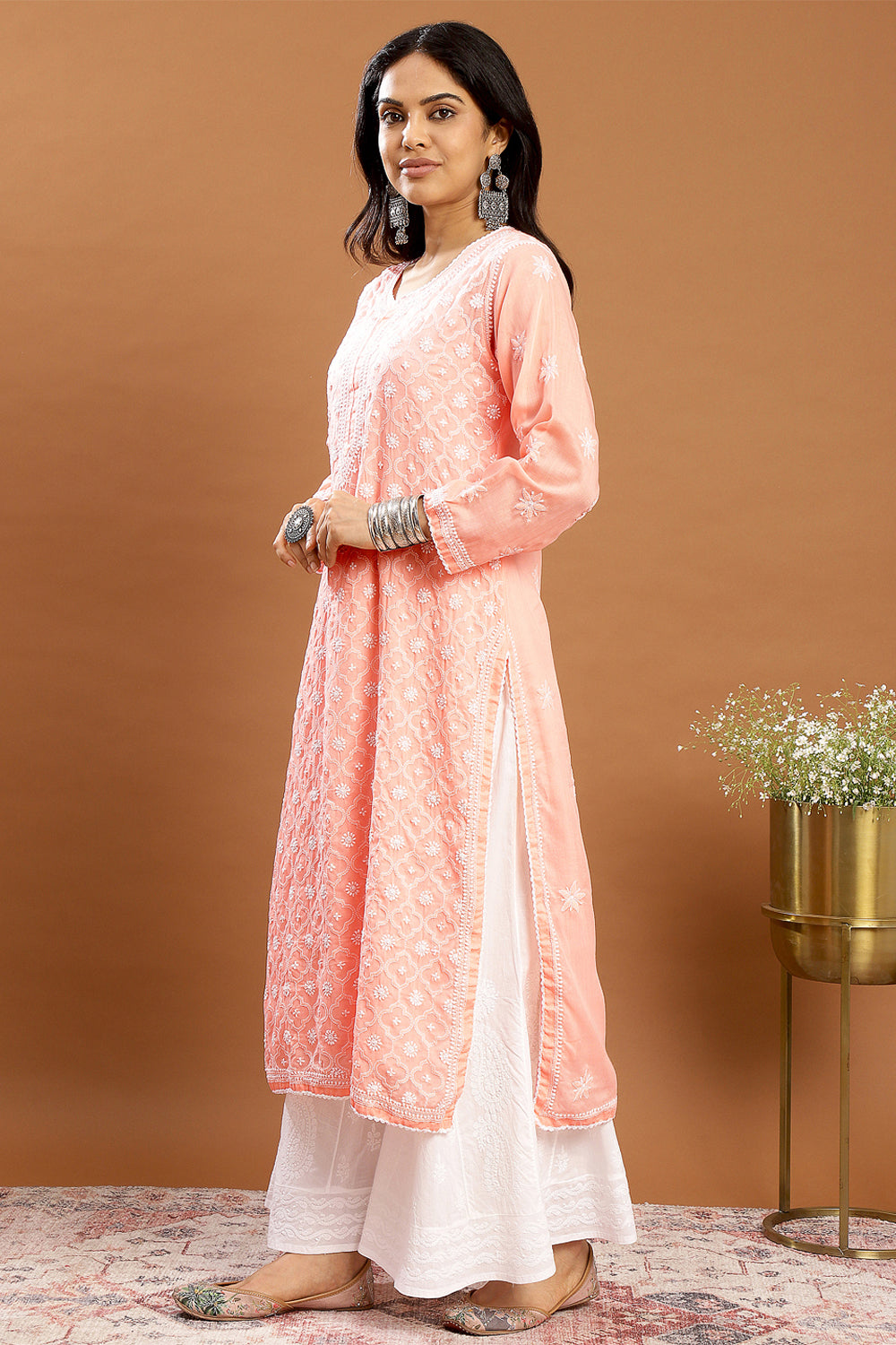 Peach Chikankari Mul Cotton Designer Kurta