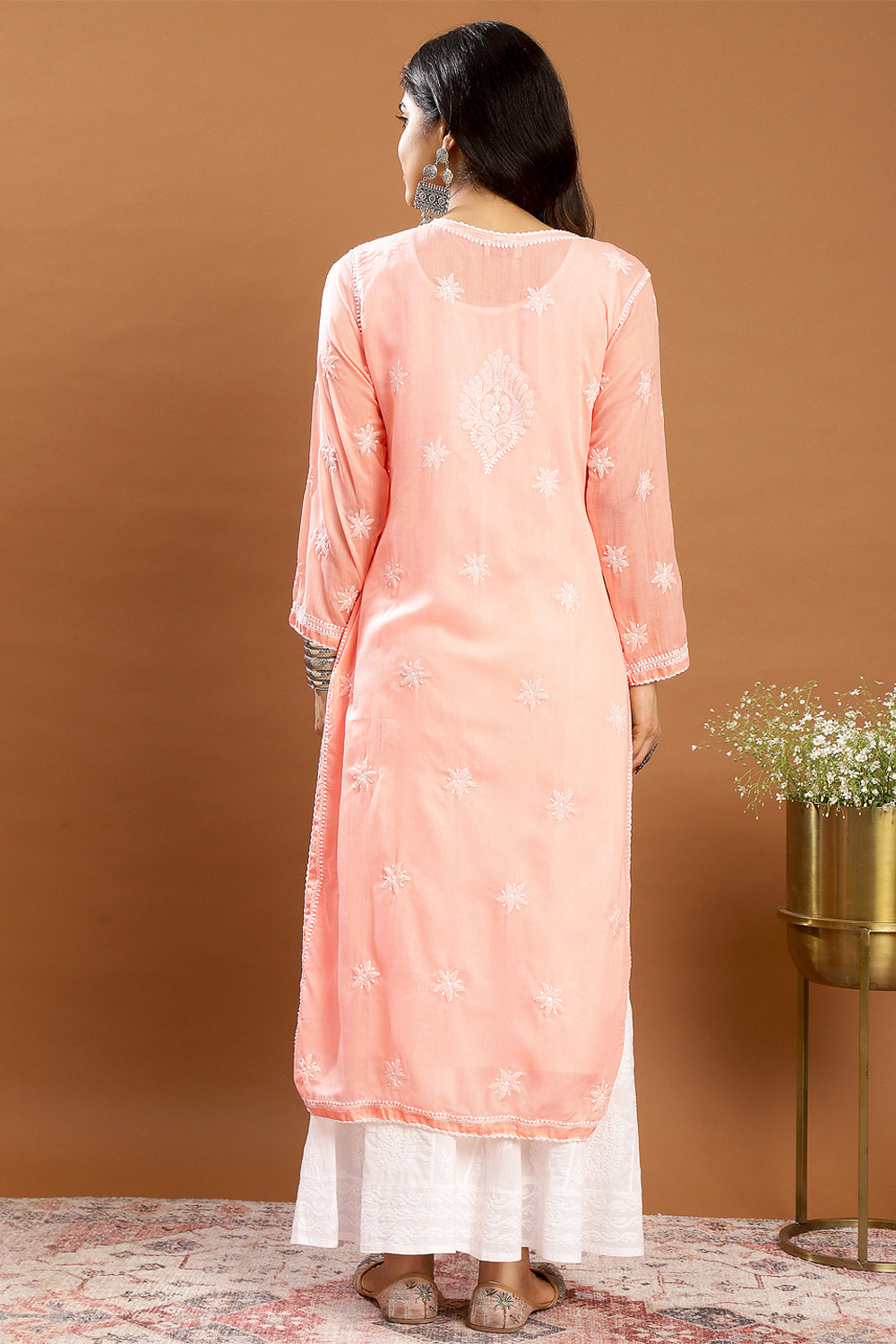 Peach Chikankari Mul Cotton Designer Kurta