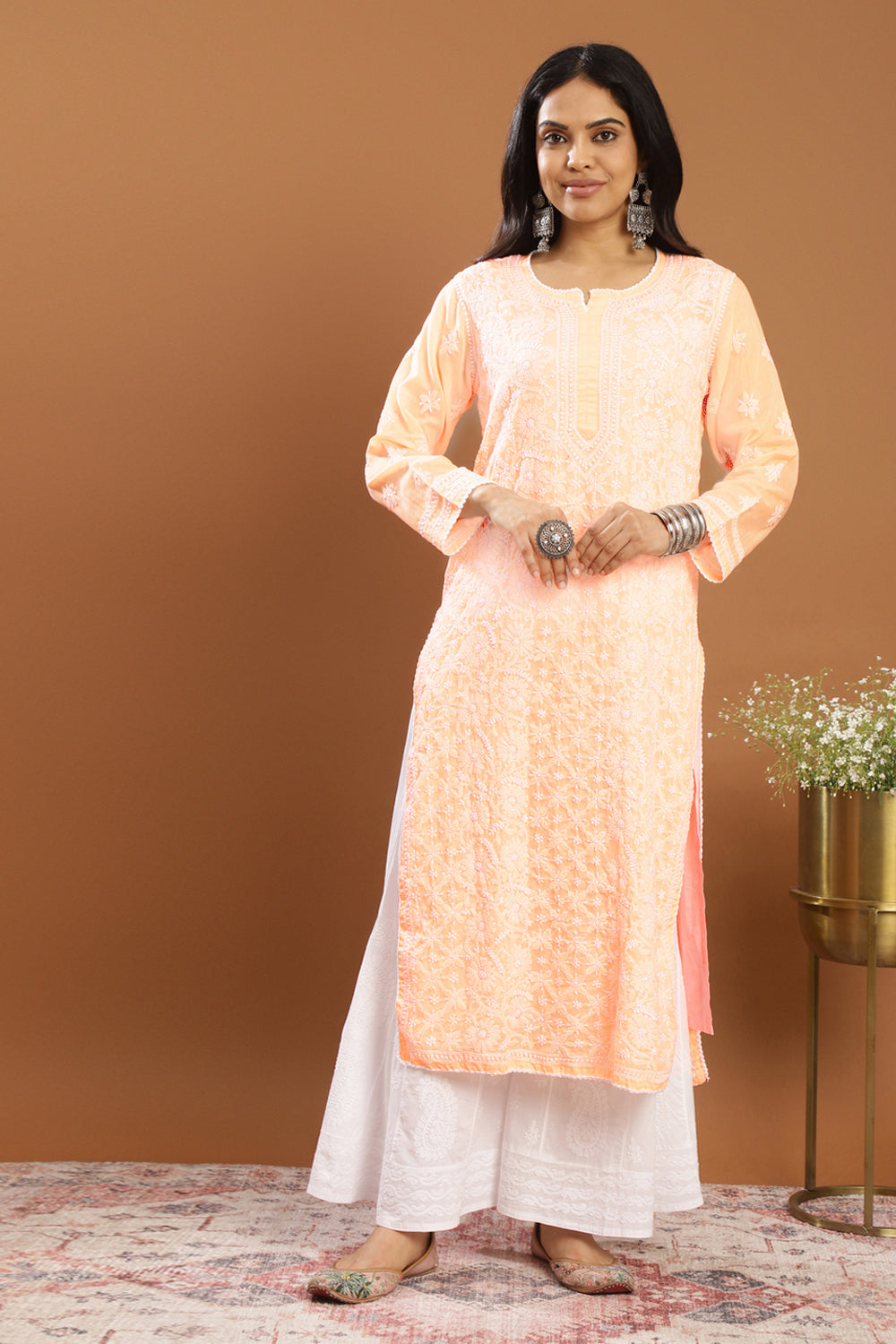 Orange Chikankari Mul Cotton Designer Kurta