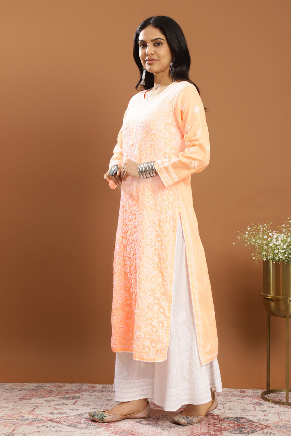 Orange Chikankari Mul Cotton Designer Kurta