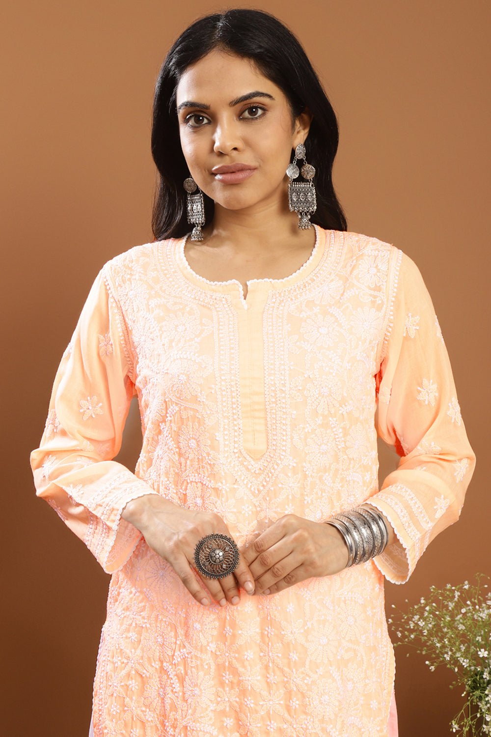 Orange Chikankari Mul Cotton Designer Kurta