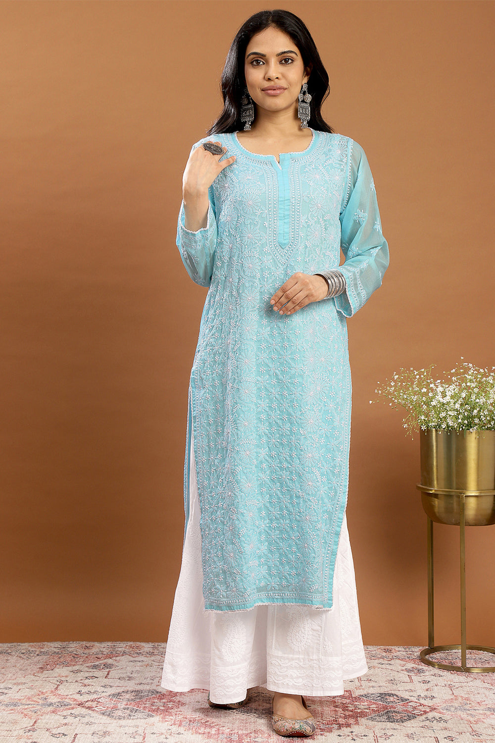 Blue Chikankari Mul Cotton Designer Kurta