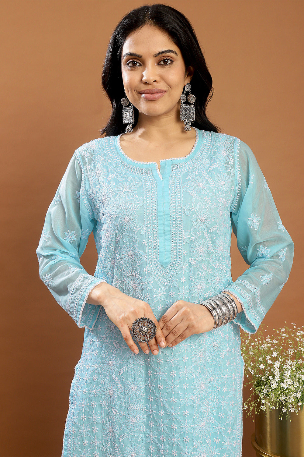 Blue Chikankari Mul Cotton Designer Kurta