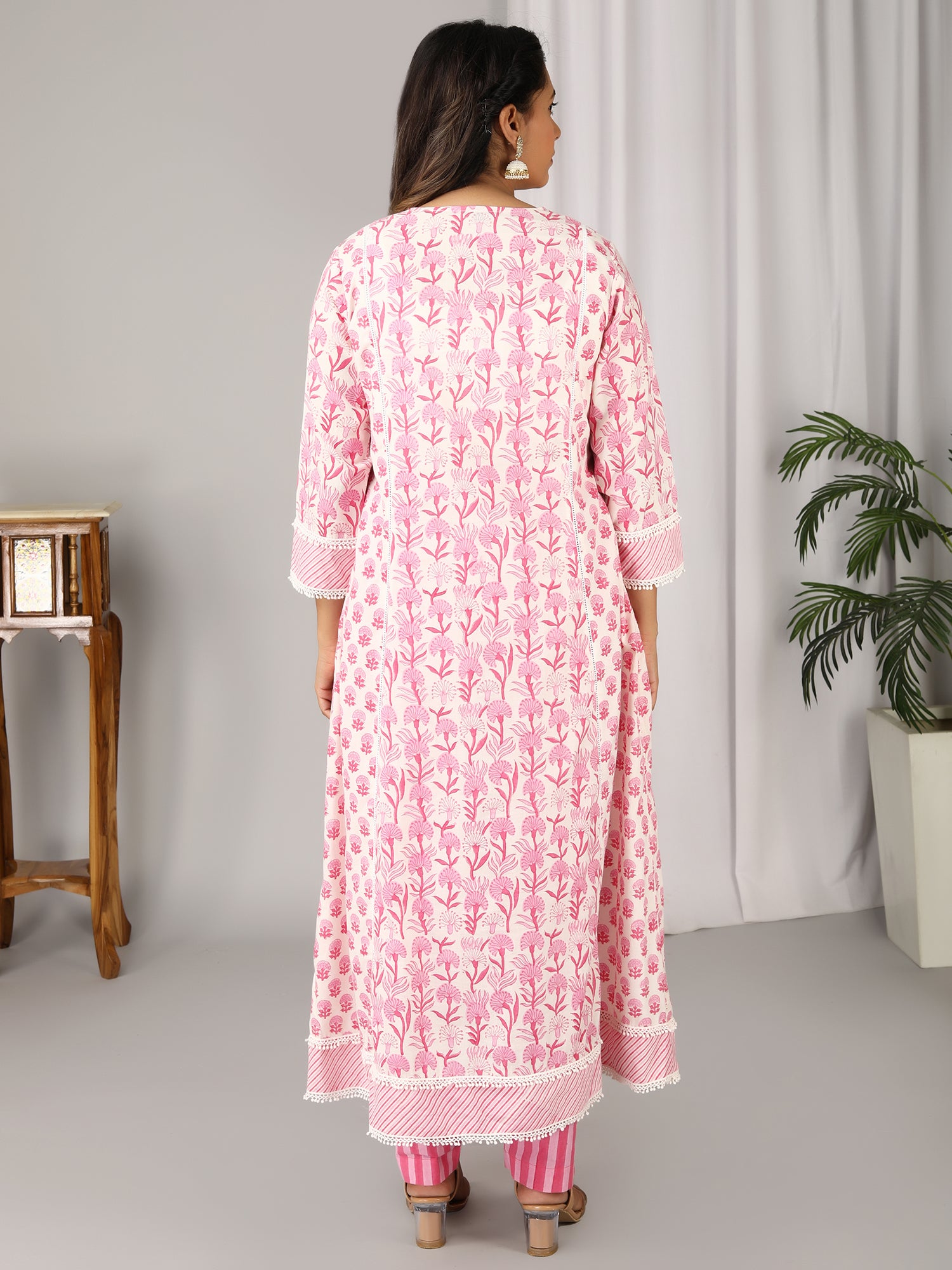 Off white Pink Hand Block Printed V-Neck, Yoke Front Gather Kurta