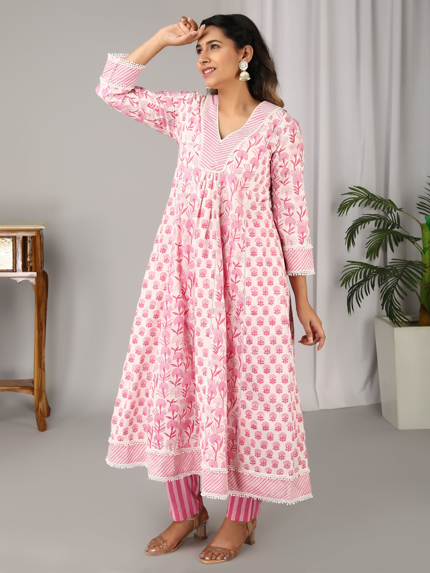 Off white Pink Hand Block Printed V-Neck, Yoke Front Gather Kurta