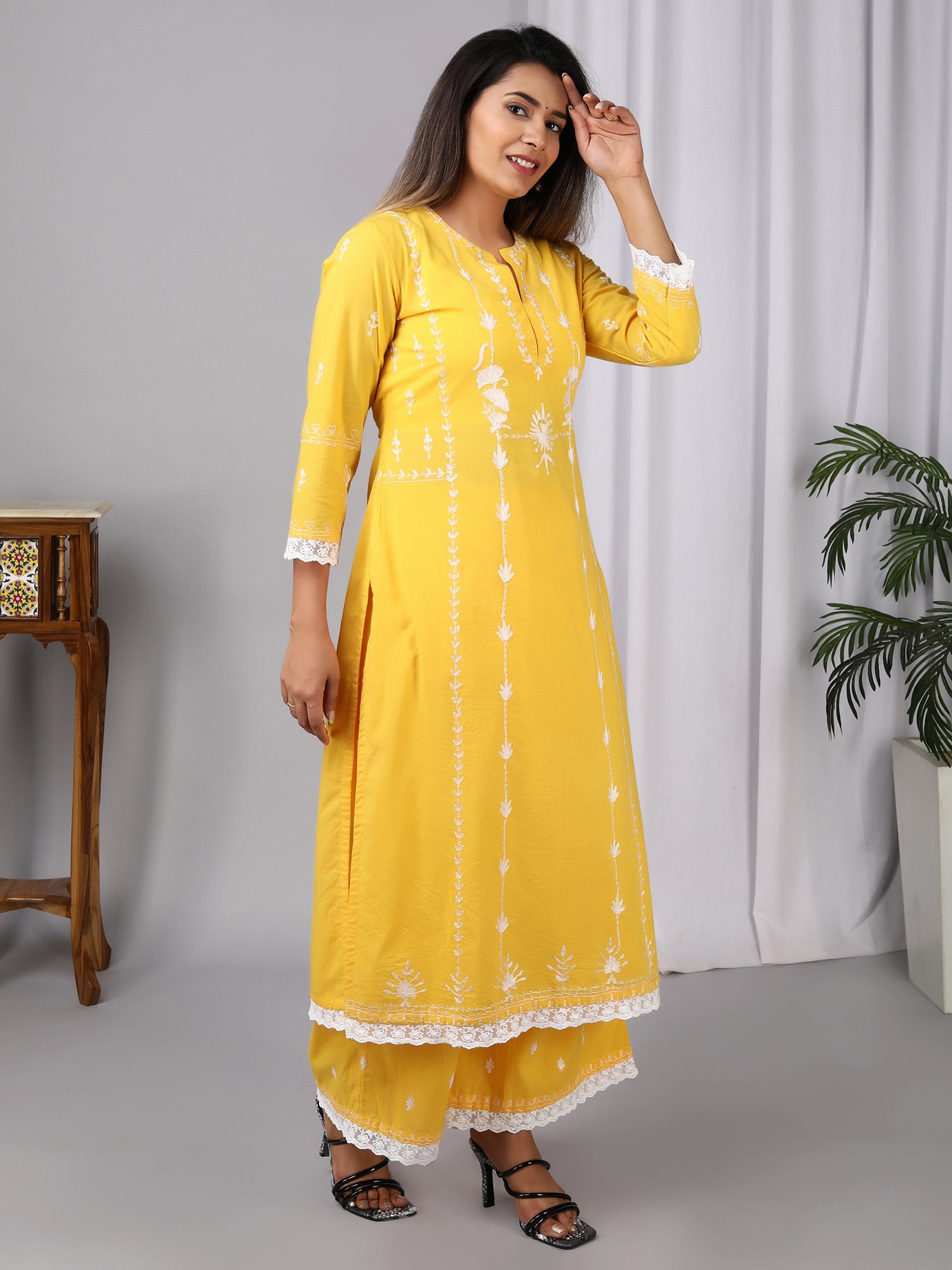 Yellow Aari Embroidery Round Neck Cotton kurta