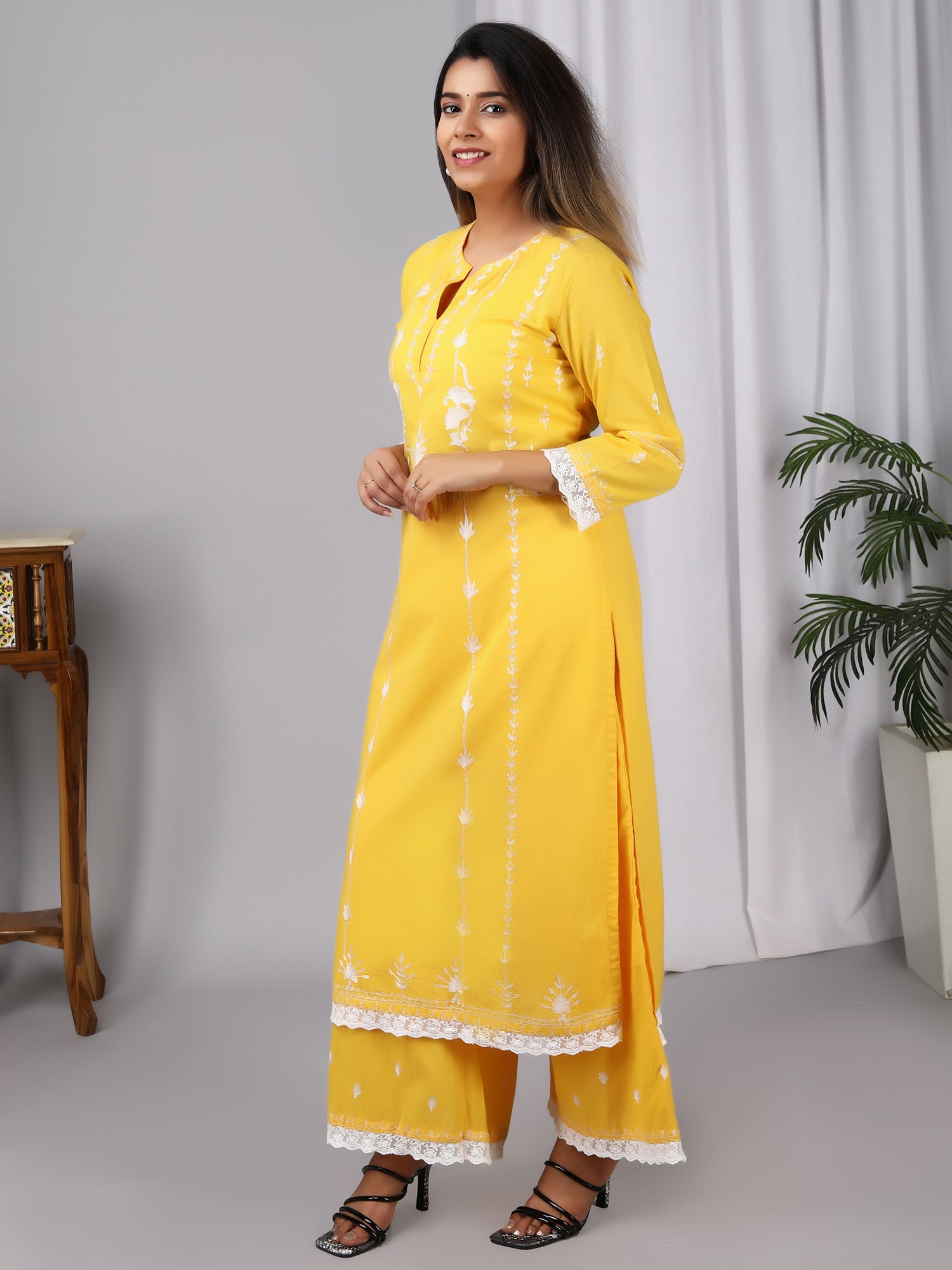 Yellow Aari Embroidery Round Neck Cotton kurta