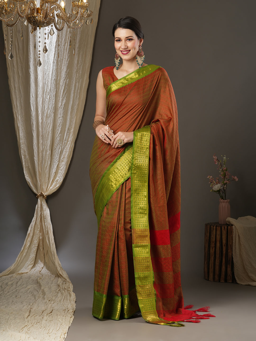 Aura Silk Rust Woven Design Designer Saree With Blouse