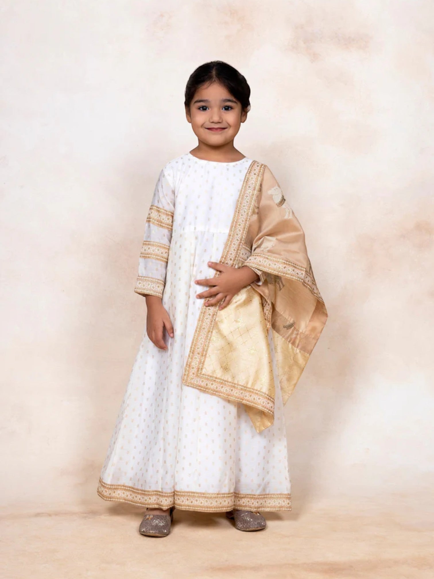 Off White Chanderi Girl's Kurta Sets