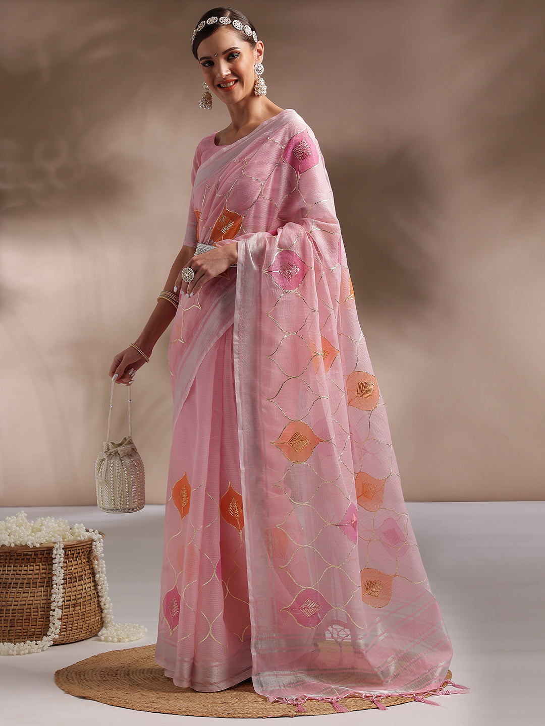 Art Silk Pink Embellished Celebrity Saree With Blouse