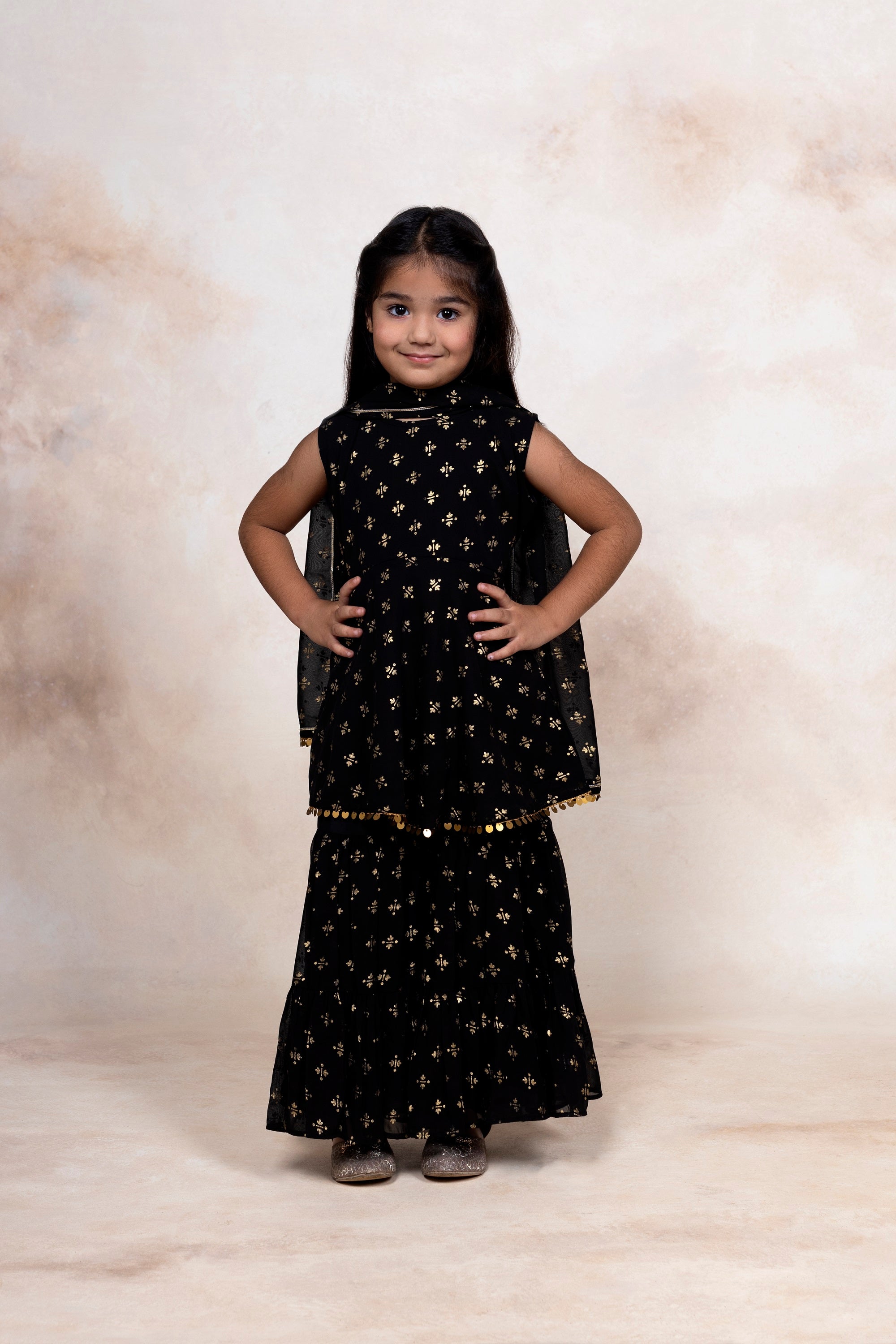 Black Georgette Gold Foil Print Girls Peplum style Sharara Set With Dupatta