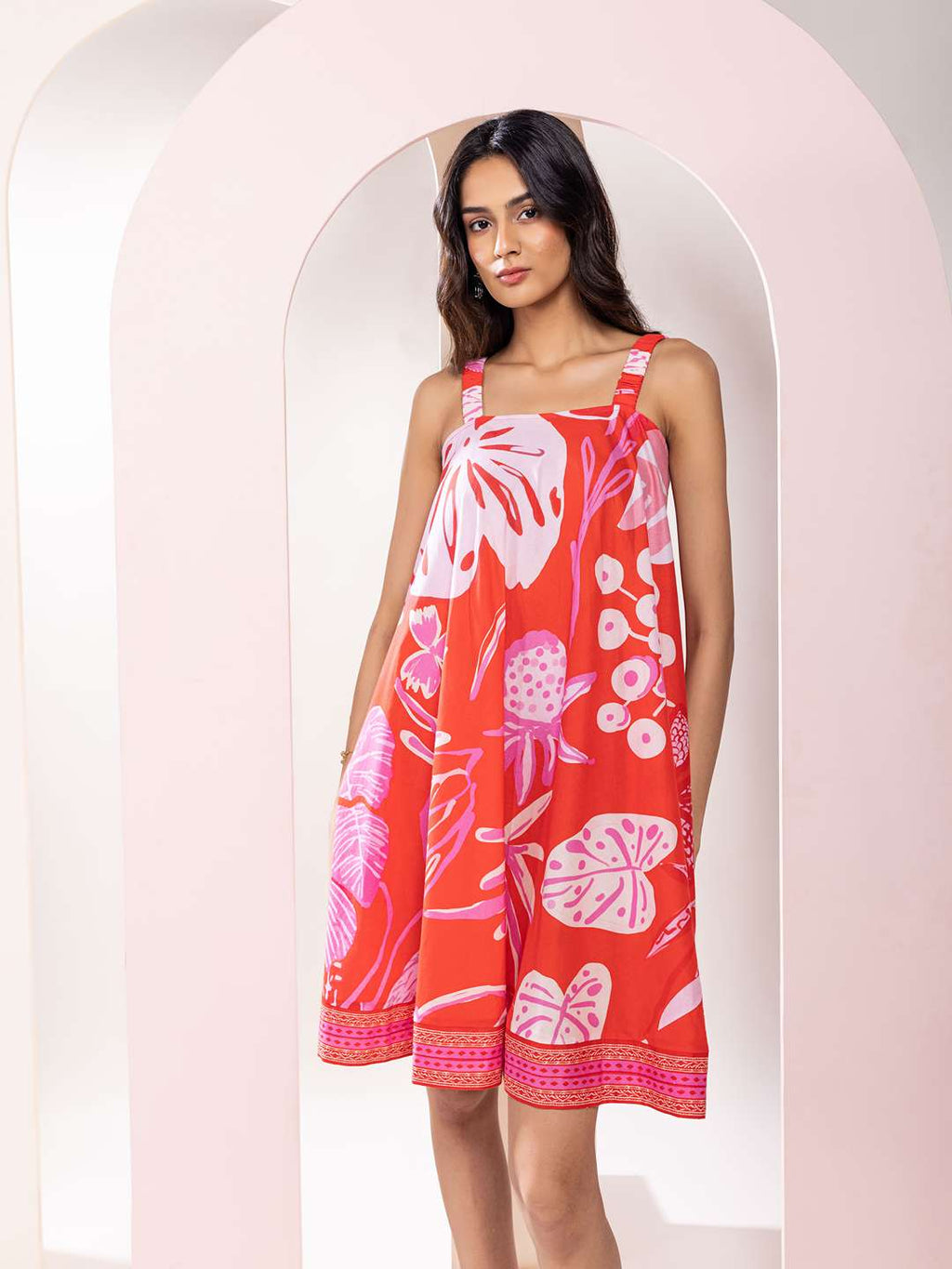 Monstera Printed Loose Fit Mini Dress