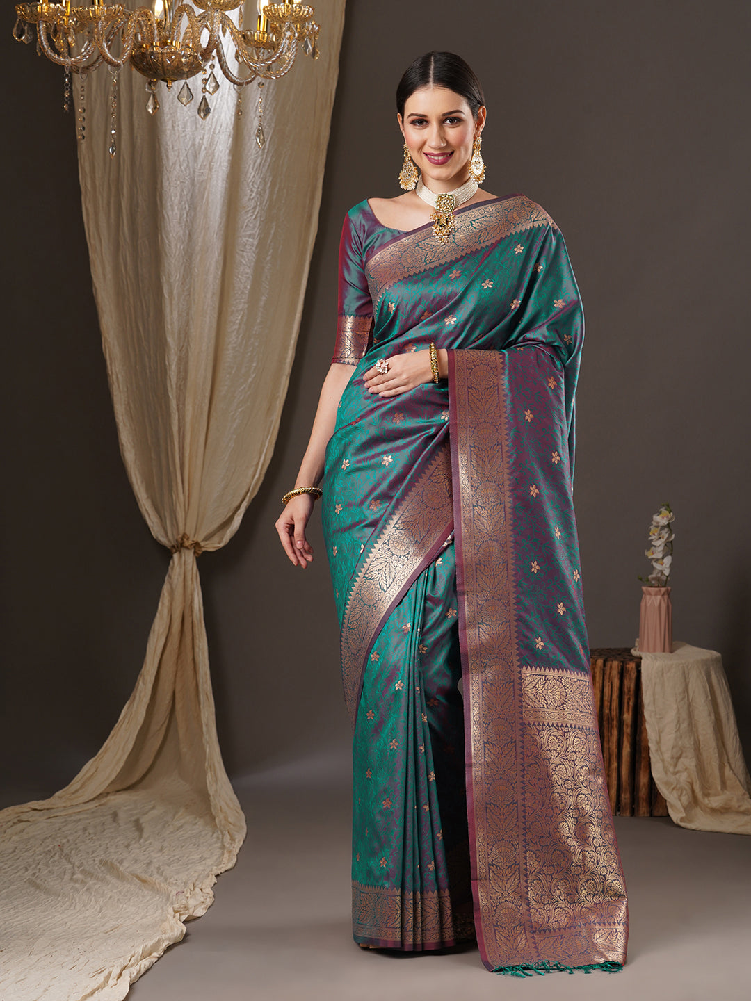 Silk Blend Teal blue Woven Design Designer Saree With Blouse