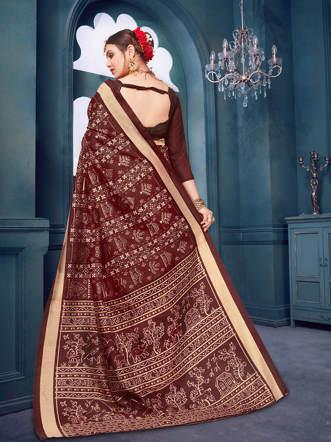 Bhagalpuri Silk Brown Printed Designer Saree With Blouse