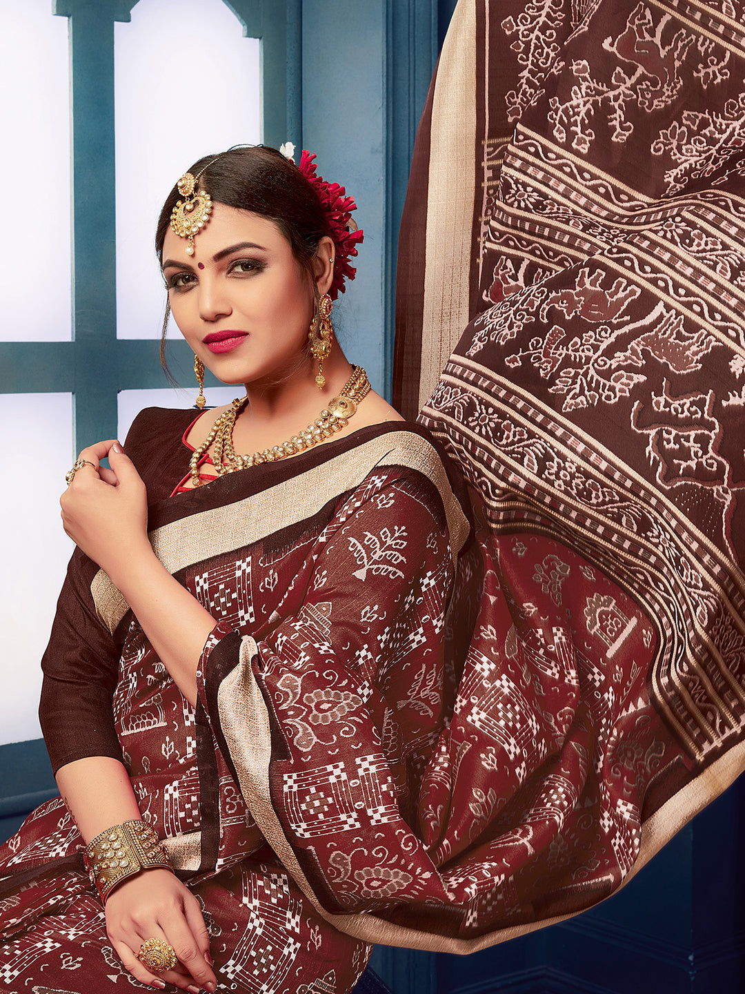 Bhagalpuri Silk Brown Printed Designer Saree With Blouse