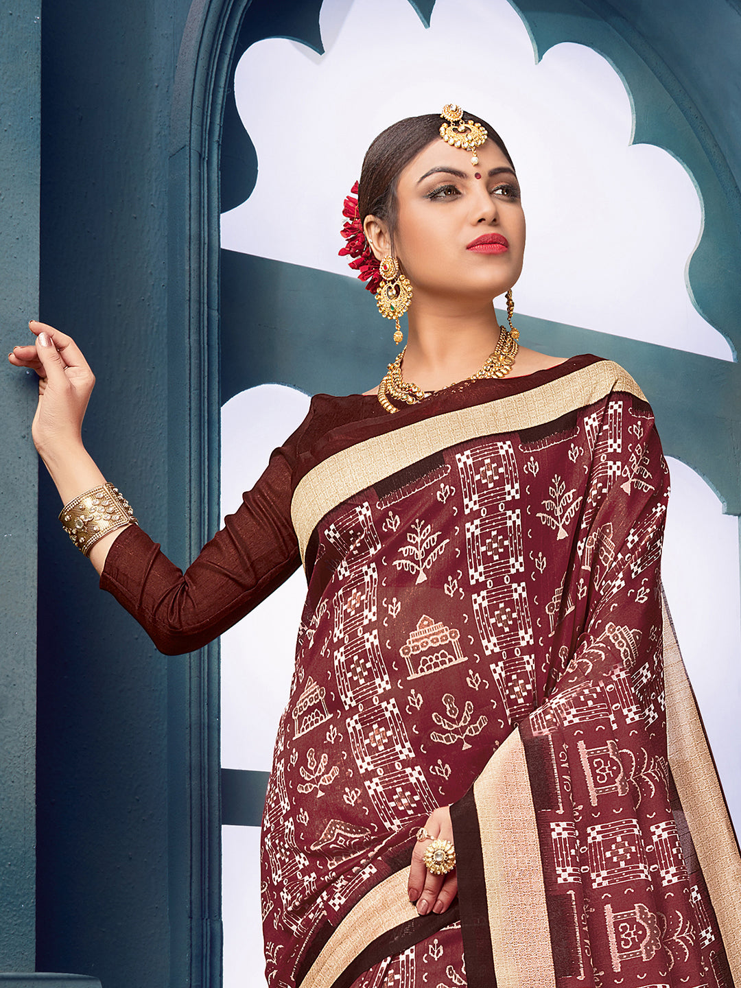 Bhagalpuri Silk Brown Printed Designer Saree With Blouse