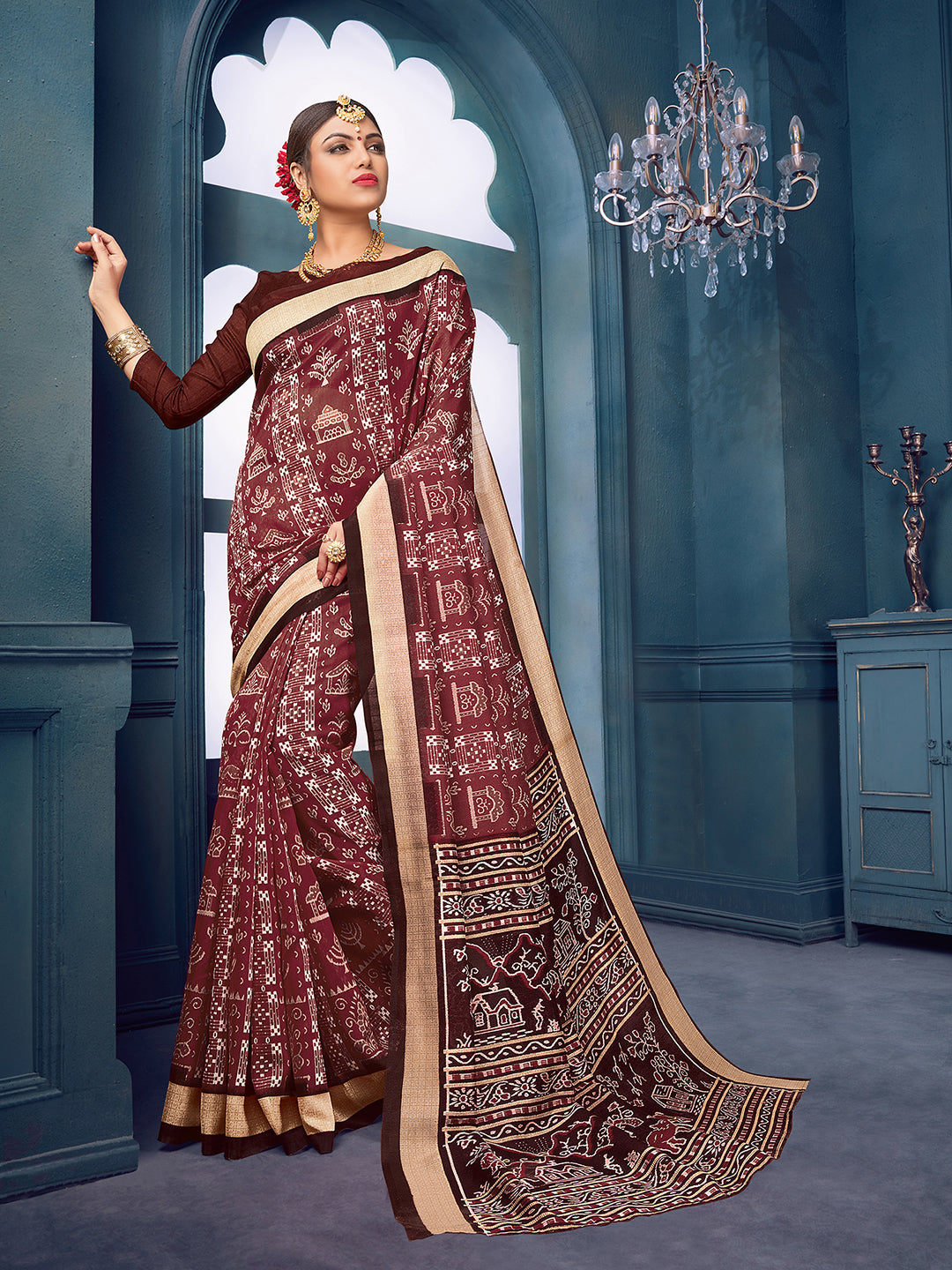 Bhagalpuri Silk Brown Printed Designer Saree With Blouse