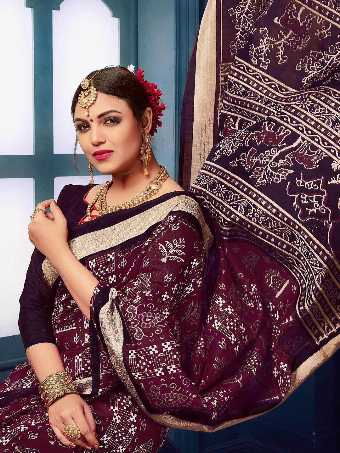 Bhagalpuri Silk Burgundy Printed Designer Saree With Blouse