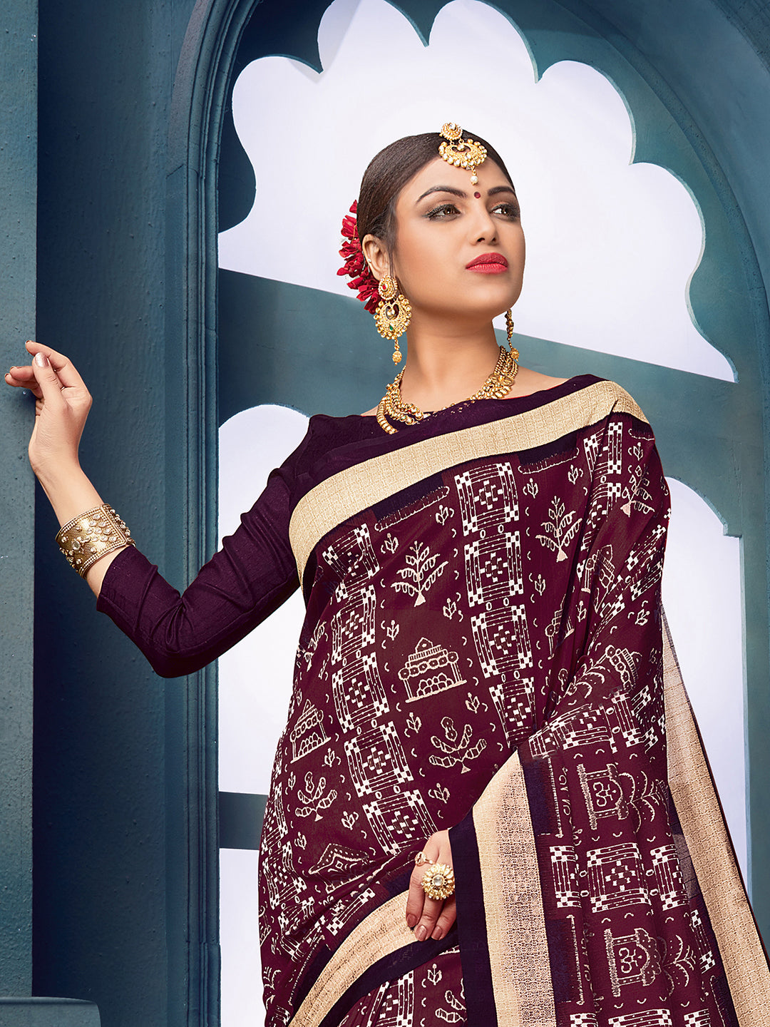 Bhagalpuri Silk Burgundy Printed Designer Saree With Blouse