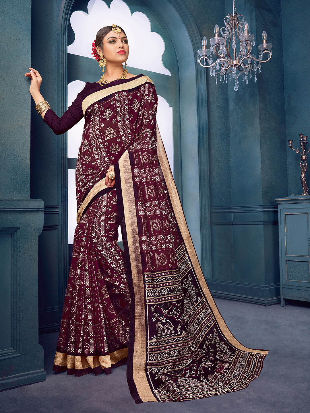 Bhagalpuri Silk Burgundy Printed Designer Saree With Blouse