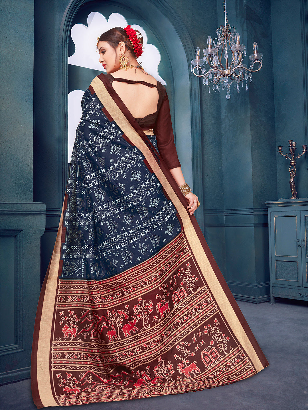 Bhagalpuri Silk Navy Blue Printed Designer Saree With Blouse