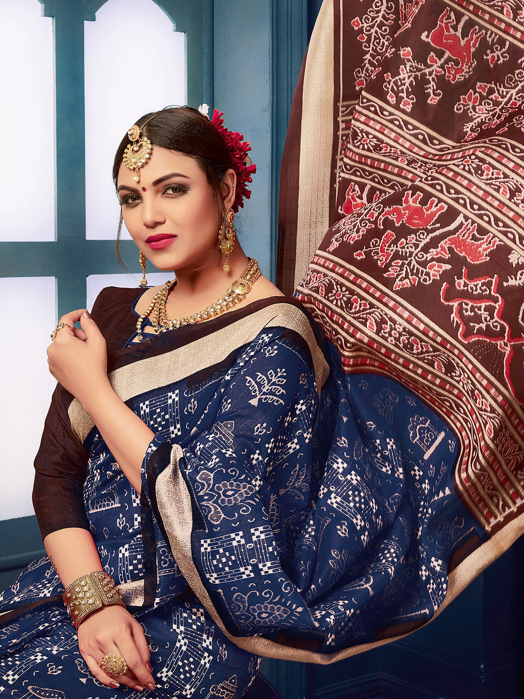 Bhagalpuri Silk Navy Blue Printed Designer Saree With Blouse