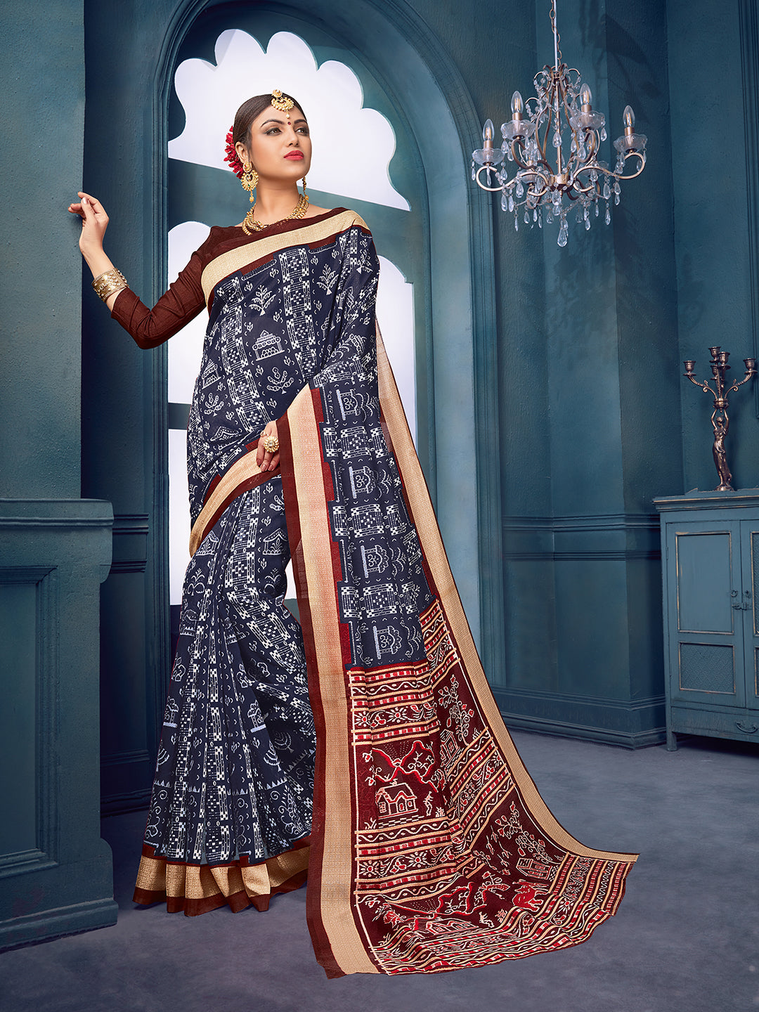 Bhagalpuri Silk Navy Blue Printed Designer Saree With Blouse