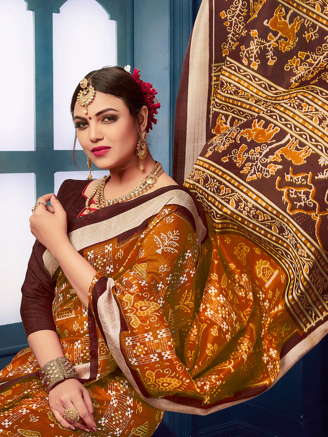 Bhagalpuri Silk Mustard Printed Designer Saree With Blouse