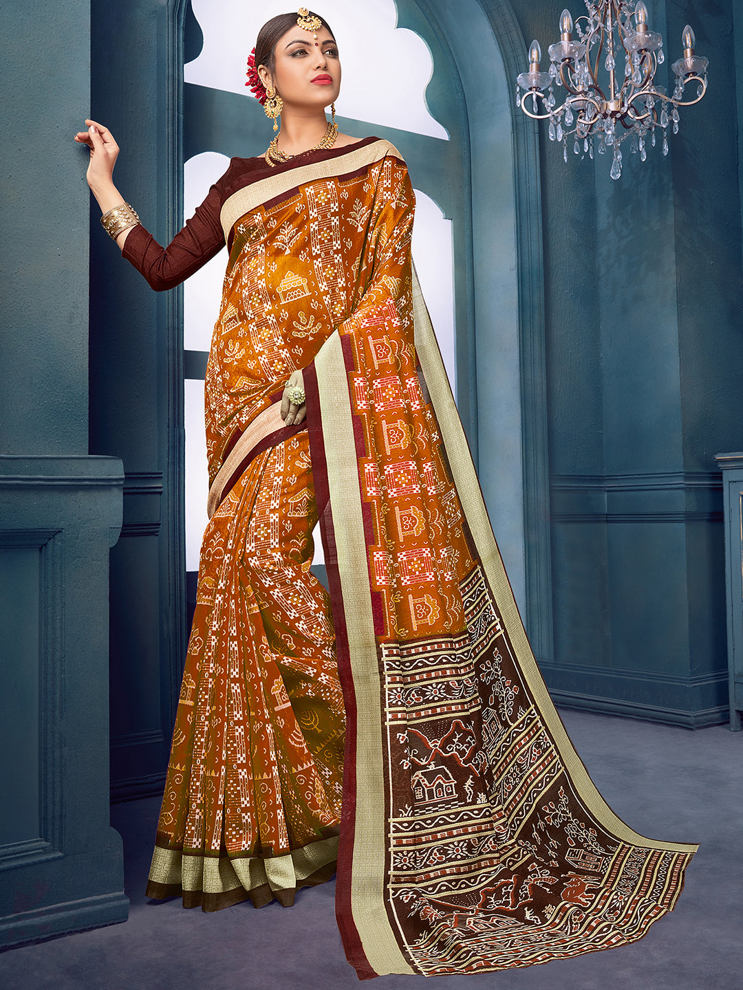 Bhagalpuri Silk Mustard Printed Designer Saree With Blouse