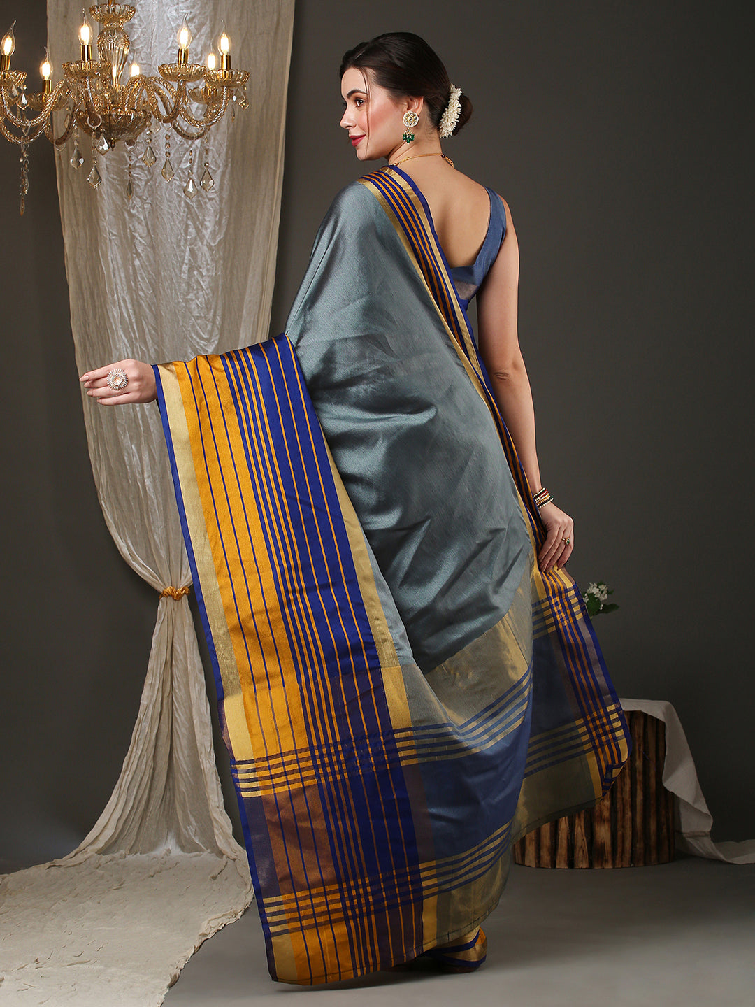 Aura Silk Grey Woven Design Designer Saree With Blouse